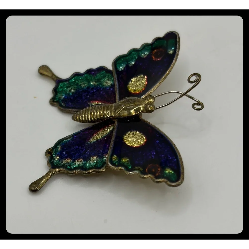Butterfly Brooch Pin Small Purple Green Enamel Vintage Jewelry